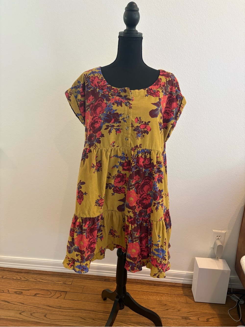 Free People Mustard Floral Tiered Tunic with Pink and Blue Blooms